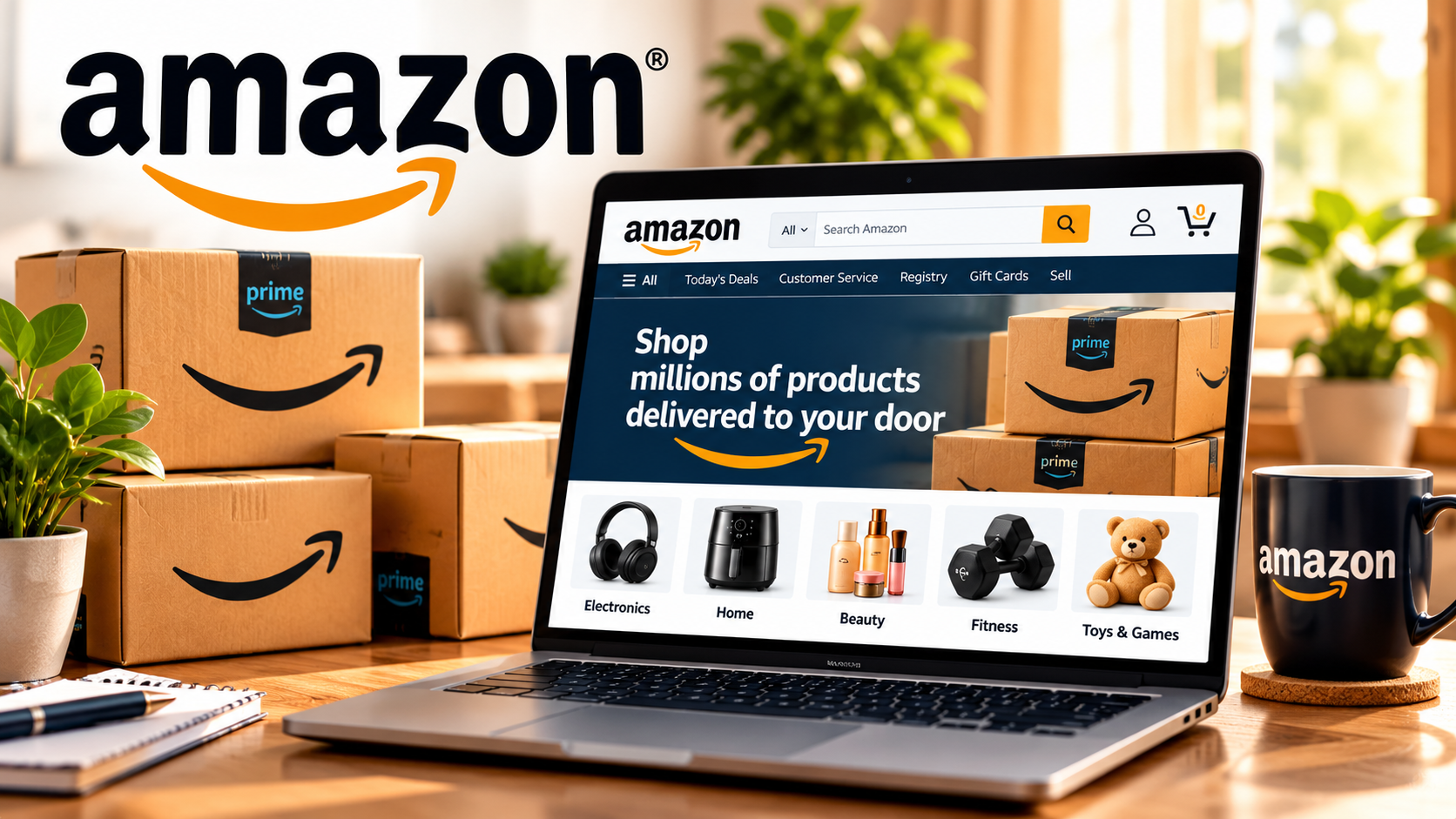 Amazon-branded online shopping workspace with laptop, delivery boxes, and Amazon smile logo