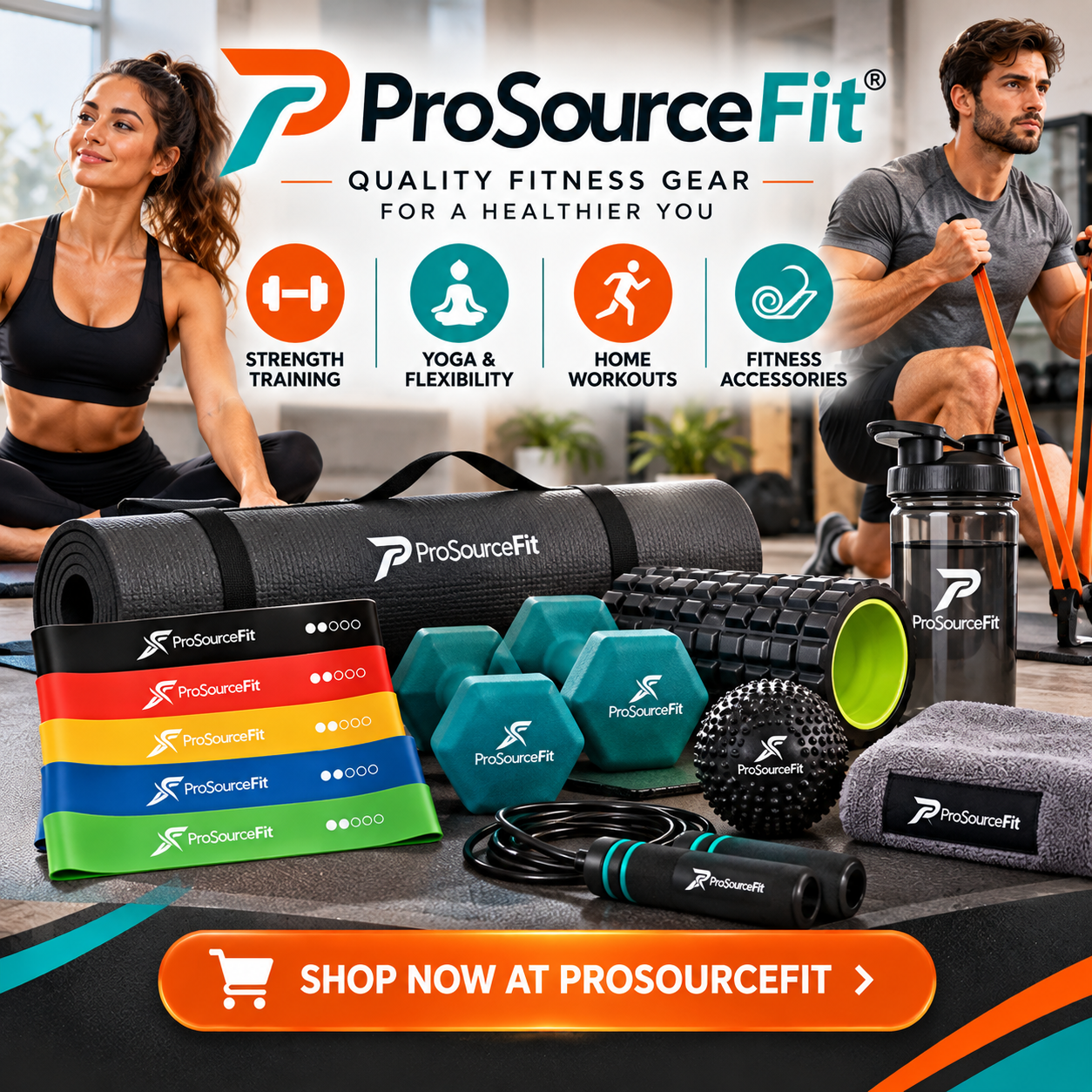 ProSourceFit fitness gear including resistance bands, exercise mats, and workout accessories