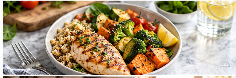 Healthy balanced meal with grilled protein vegetables and whole-food carbohydrates